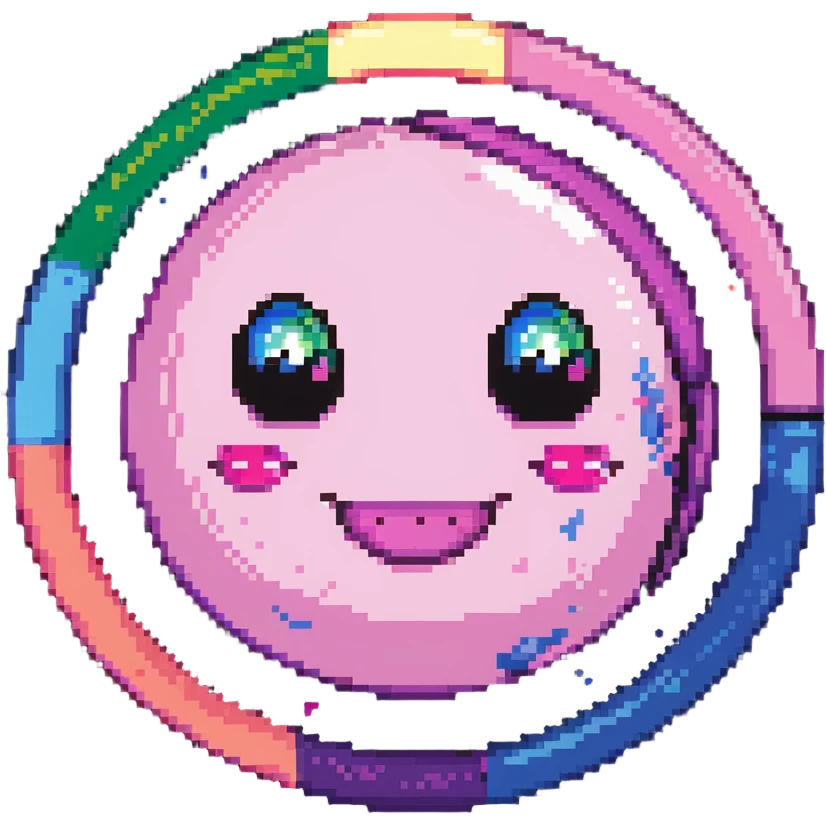 pink planet with vibrant rainbow rings and a cute winking face emoji
