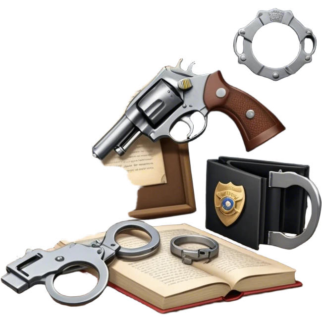 Icon for Action & Crime Reading: an open book, a revolver, handcuffs. Surrounding elements include a dark alley, a police badge, and a pair of sunglasses. The icon should evoke tension, suspense, and action.  Transparent background. emoji
