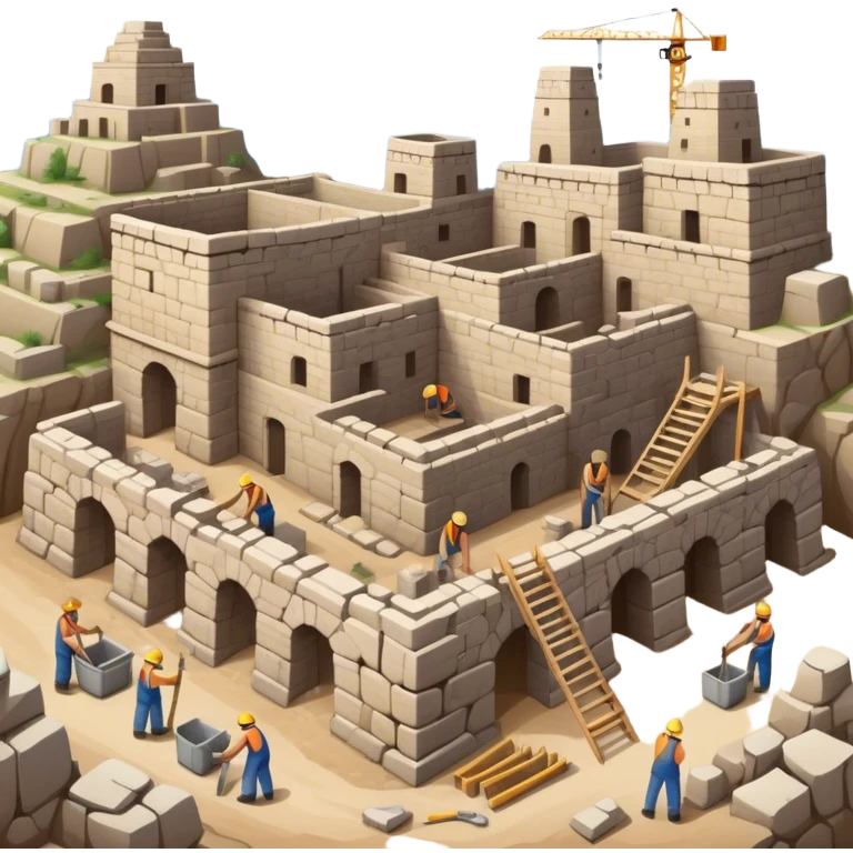Ancient city under construction with workers using basic tools. Incomplete stone buildings, scaffolding, and a rough landscape. Simple, primitive architecture emoji
