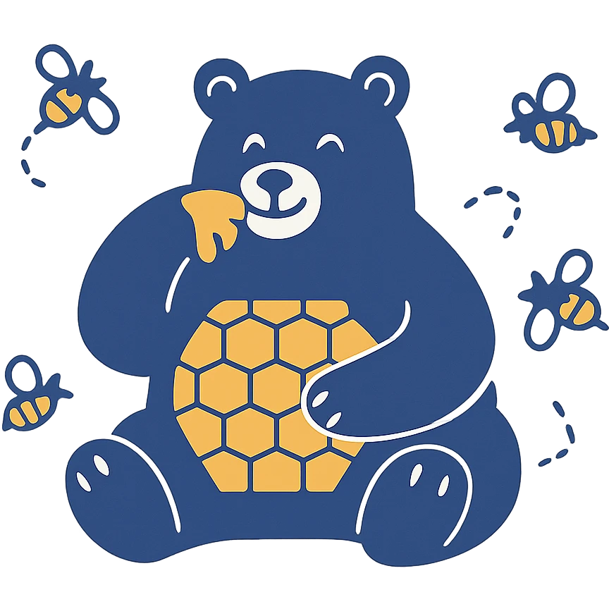 happy bear enjoying honeycomb surrounded by bees emoji