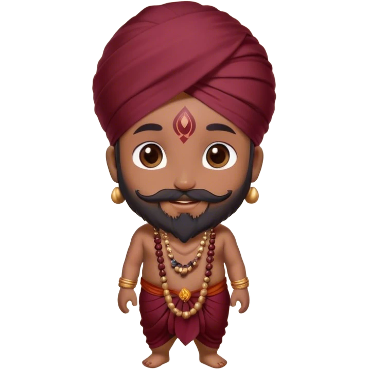 Cute ， shiva ， chibi, happy, sculpture ，Pop Mart ， brown skin, He has a full beard and mustache.He wears a maroon silk dhoti, a maroon turban,  and a long mala of dark brown beads handmade, guru darshan ， He smiles, looking directly at the viewer. dream aesthetic
 emoji