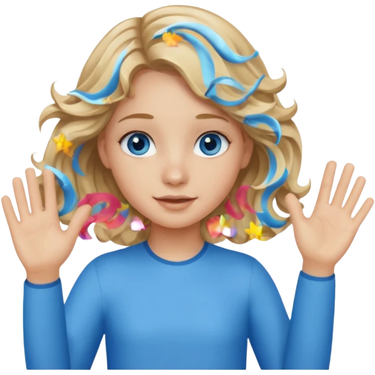 teen girl with wavy dirty blonde hair and ocean blue eyes waving emoji