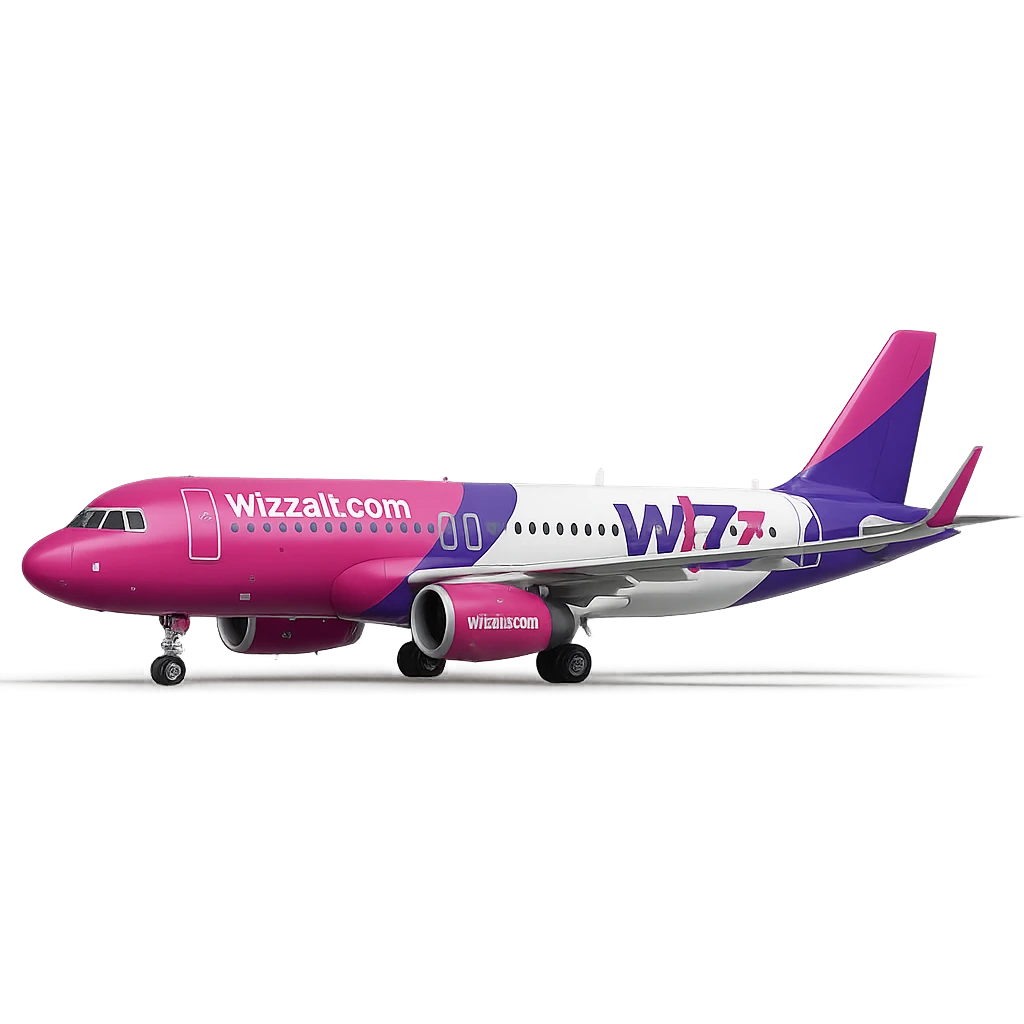Wizz Air Airbus A320 airplane, pink and purple livery, side view, clean background emoji