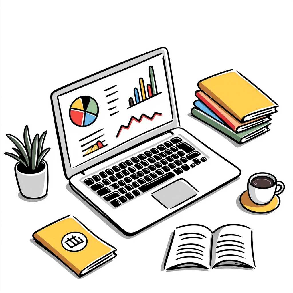 Academic research workspace with an open laptop showing data, scattered books and papers, and a pie chart and line graph. Hand-drawn doodle style with colorful data visualizations and book covers. emoji