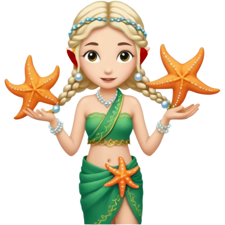 elf female Sarong with bioluminescent embroidery, armful of starfish, hair in a braid with pearl pins emoji