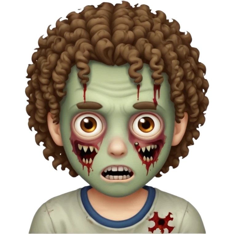menino com cabelo cacheado e olhos marrons, com boca de zumbi emoji