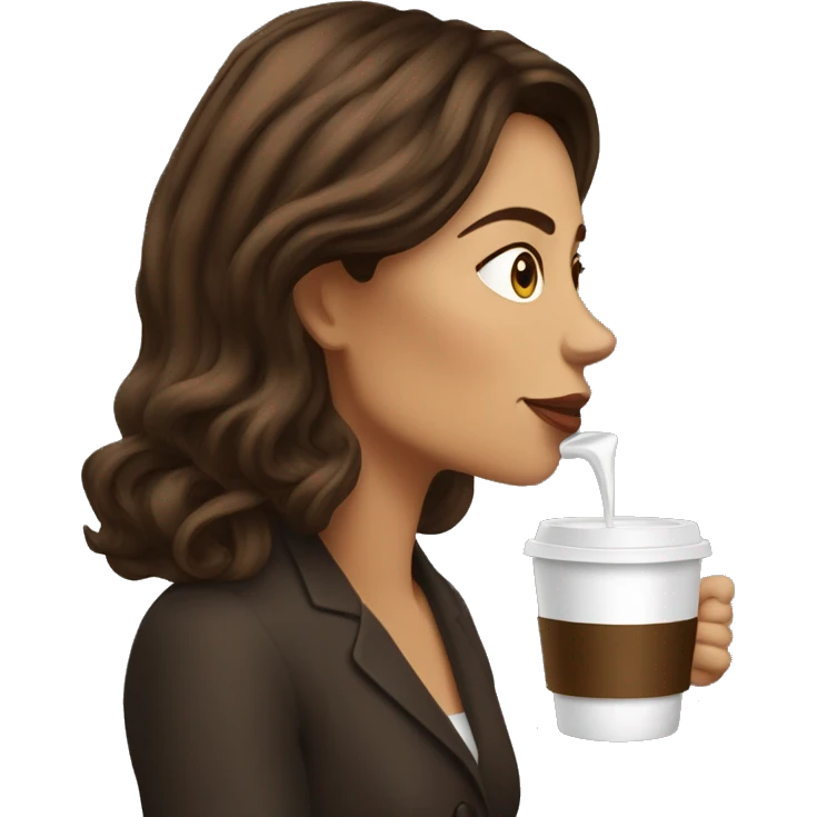 Side view realistic posh brown haired woman drinks coffee emoji