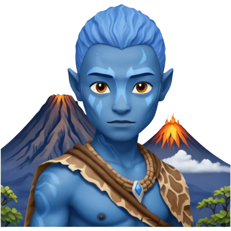 a Avatar blue skin wearing ancient animal skin cloth with volcano behind, half body, icon emoji