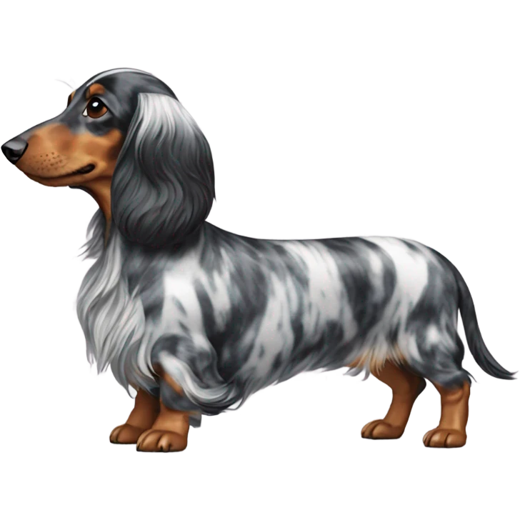 A long-haired marble dachshund stands emoji