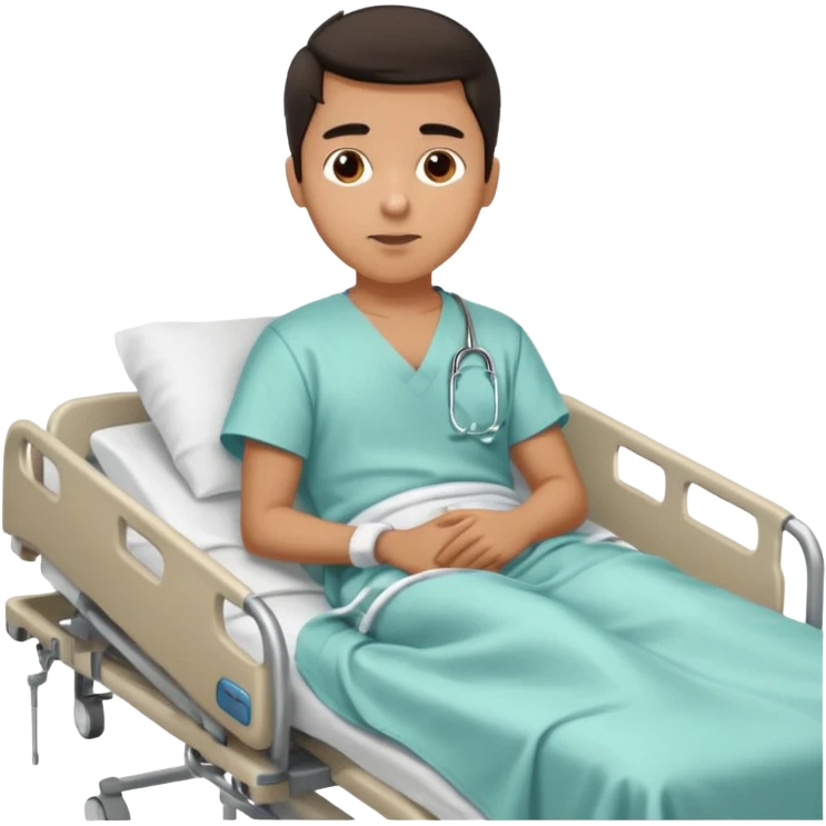 A young hispanic guy lies in a hospital bed because of a broken leg. emoji