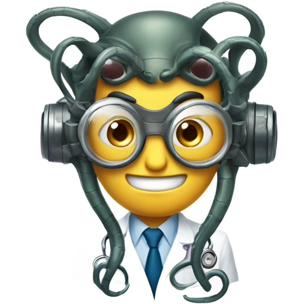 A mischievous emoji of Doctor Octopus’s face, featuring round goggles, a devilish smirk, and metallic tentacles extending around his head. The plain white background keeps the focus on his iconic look." emoji