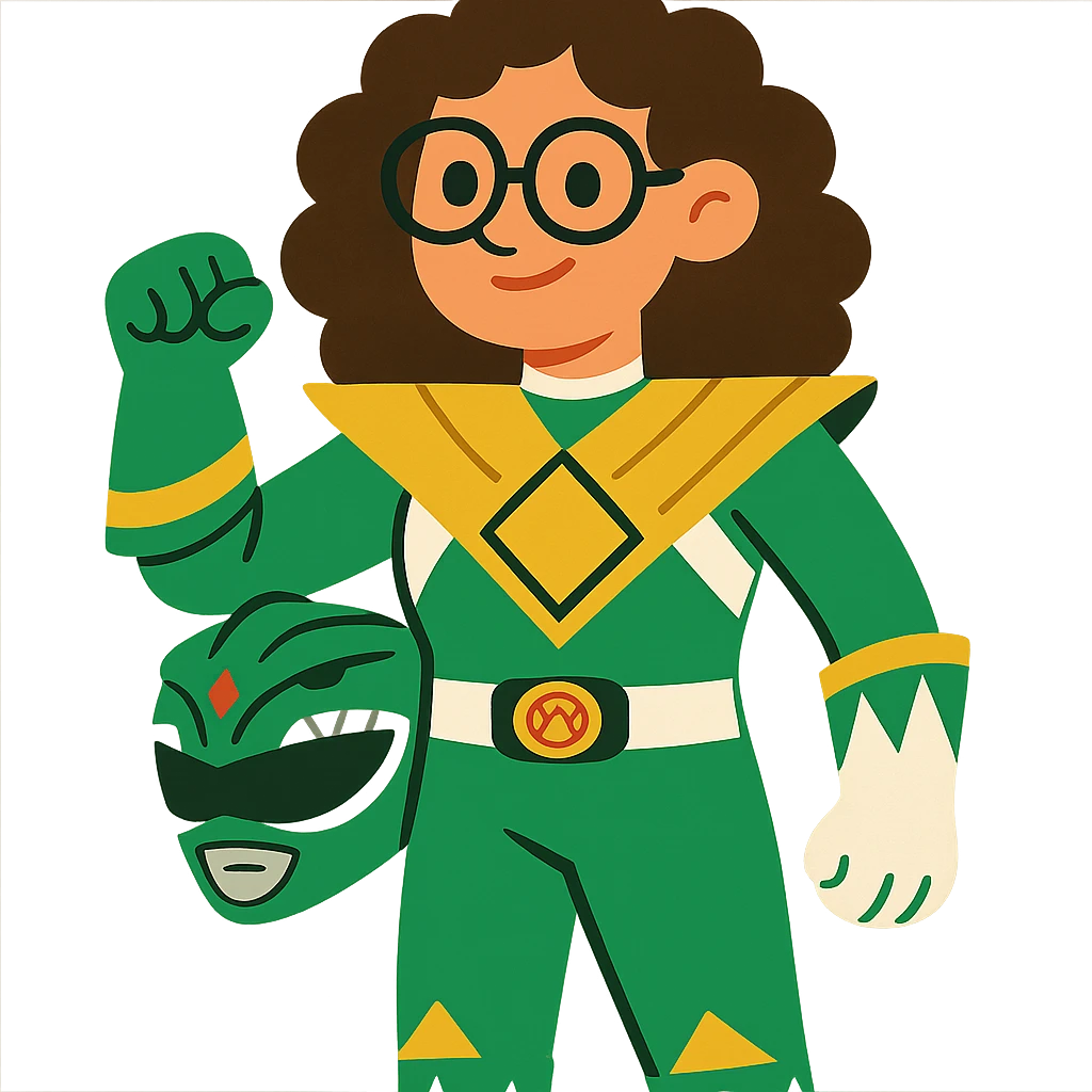green power ranger, white girl with curly brown hair and glasses emoji
