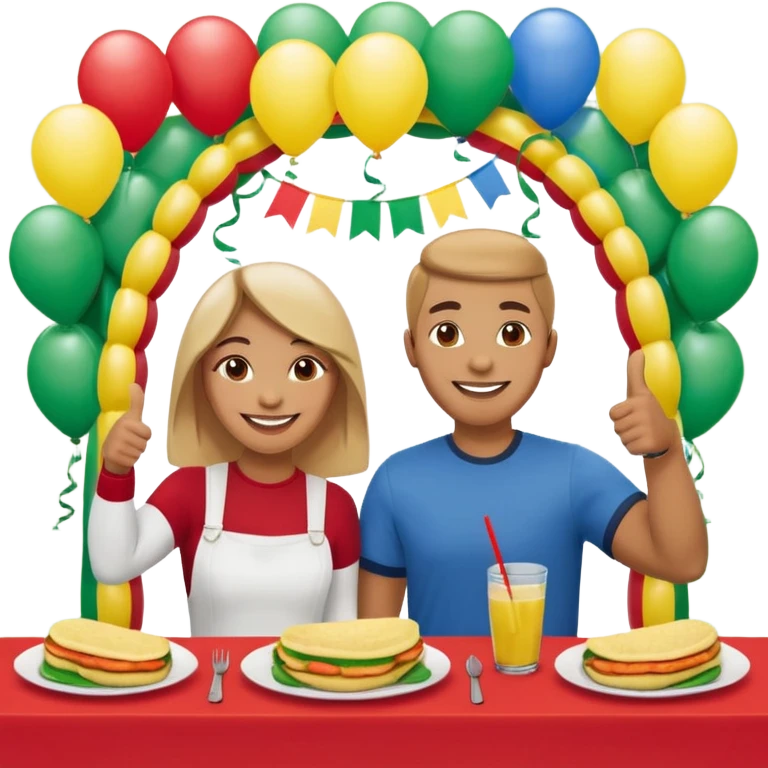 party table decorated with green red and  yellow colors, including a backdrops, balloons arch, streamers and more. On the table are intricate displays of colombian arepas, and baskets of money. In the forefront is a woman and man in simple clothing, big smiles and big thumbs up emoji