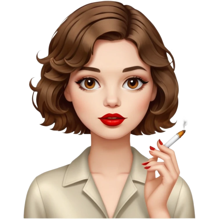Alluring French girl french shiny brown wavy textured bob haircut tousled hair red lips smoking cigarette emoji