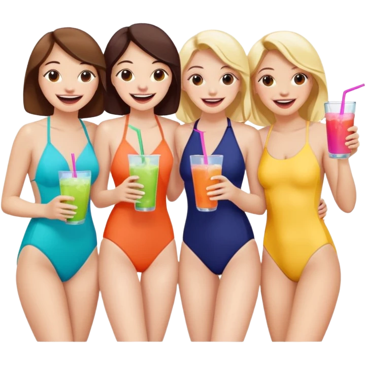  4 amigos en bañador riendo con bebidas en la mano emoji