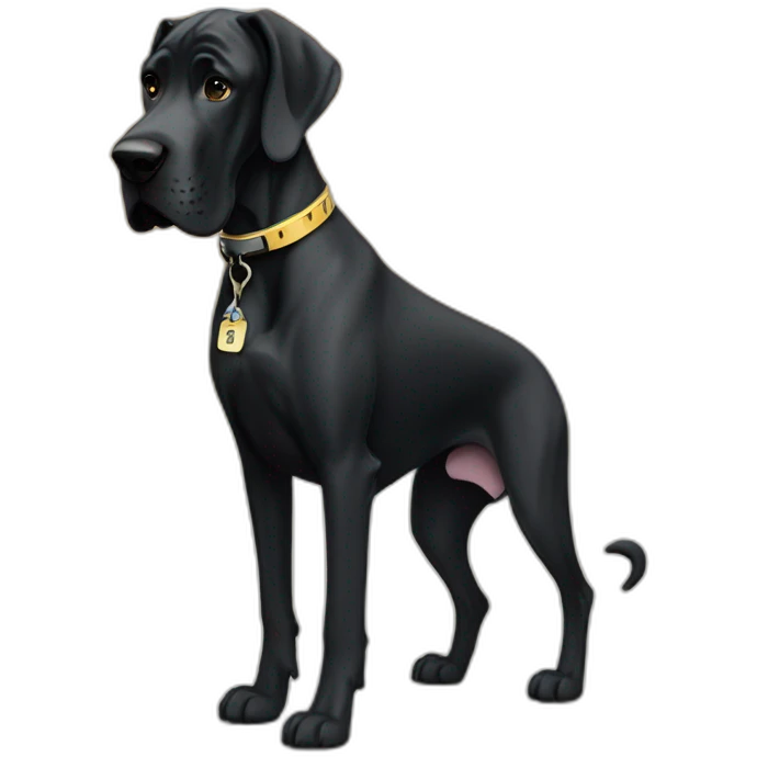 An all black great dane wearing a collar with number 17 emoji