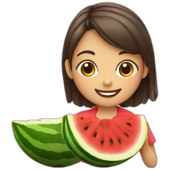 A girl eating a watermelon and smiling emoji