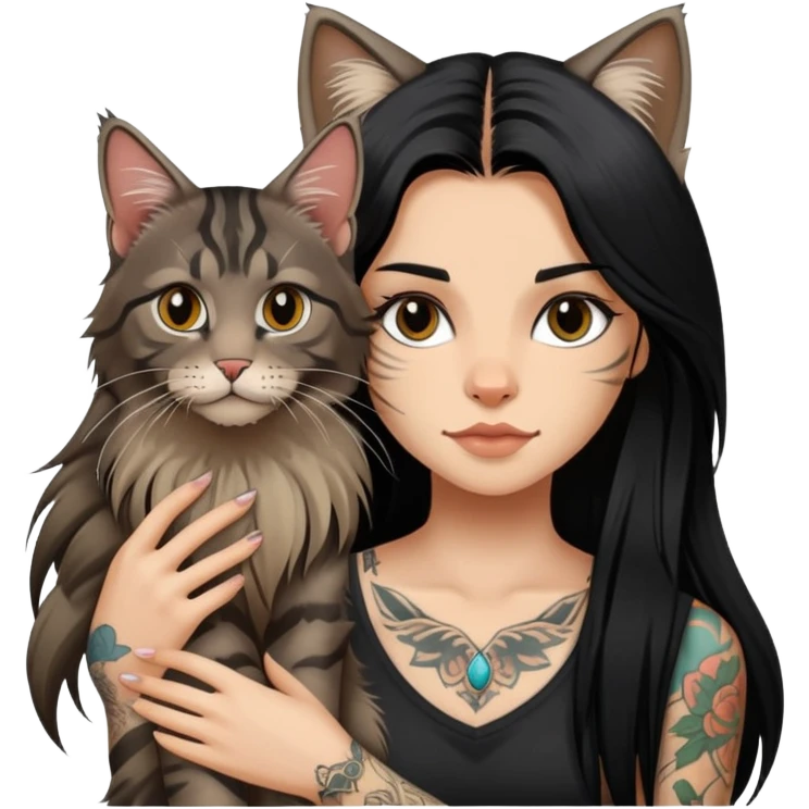 girl with long black  straight hair and tattoos and a tabby Maine coon cat emoji