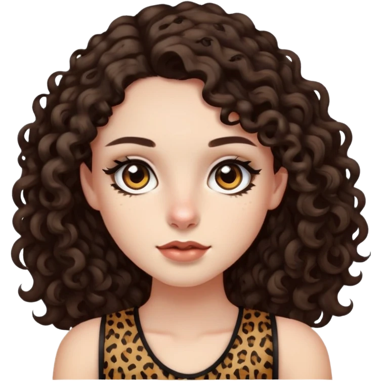 pale girl with dark brown eyes and long curly dark brown hair with leopard print sleeveless shirt  emoji