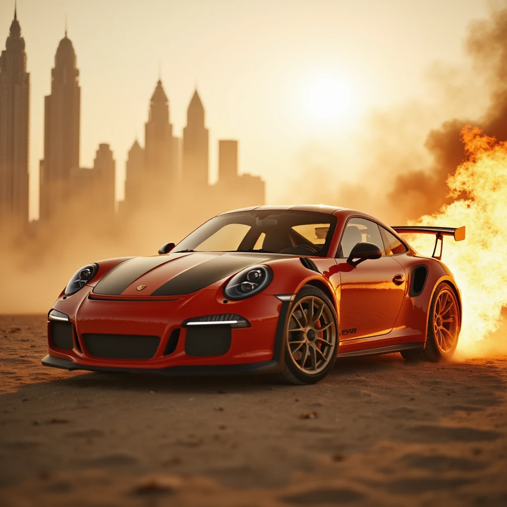 Cinematic shot, Porsche 911 gt3 rs in fire, desert, sunny day, dubai city in background emoji