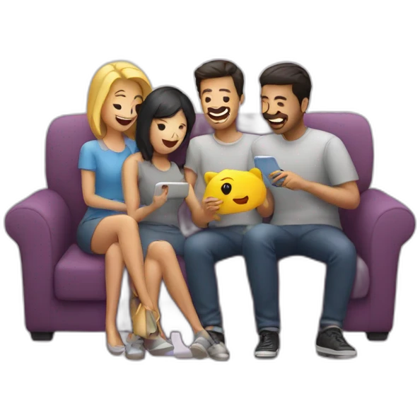 sofa with 3 friends looking at a phone emoji