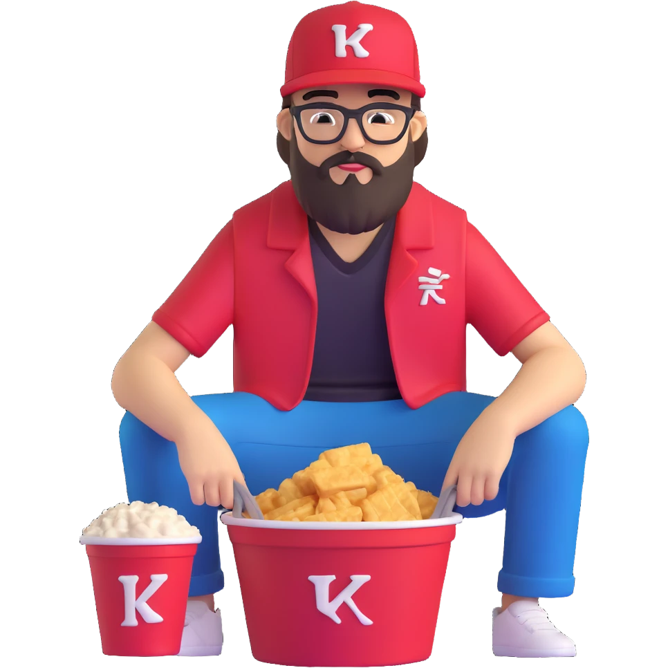 BBNO$ rapper sitting in a KFC bucket, glasses, beard, snapback cap emoji