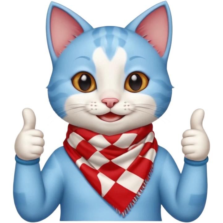 A Baby Blue Cat smiling and giving thumbs up, wearing red Checkered Triangle scarf emoji