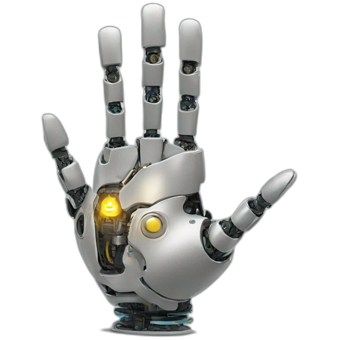 Human with a right hand robotic hand saying namaste emoji