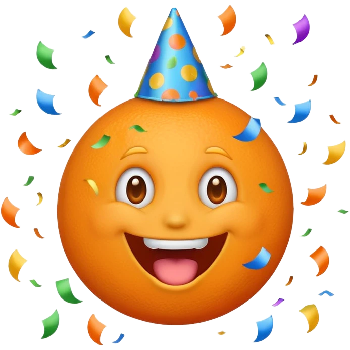 orange excited emoji, wide open mouth, party hat, confetti emoji