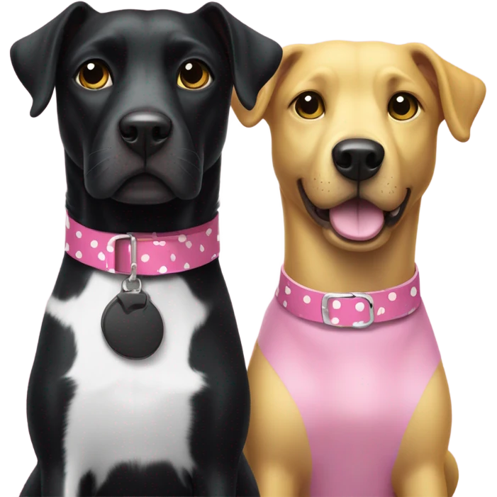 Black dog with white spotty legs and pink collar sitting next to bigger black dog with white legs and yellow collar emoji