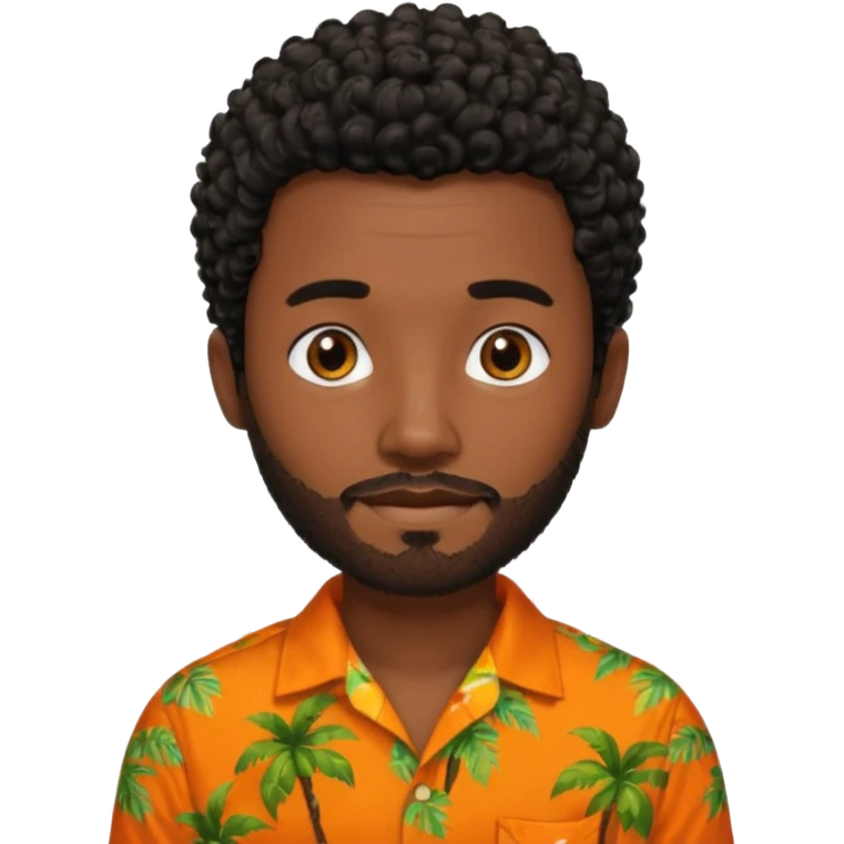 create an emoji of a man but with very very short curly black hair, dark skin, dark brown eyes and a short beard without a moustache and an orange and tropical shirt emoji