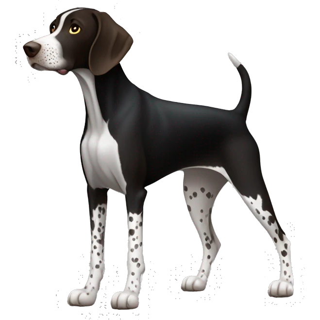 A german shorthair pointer dog (full body) with a very black coat and white markings (white belly, feet, and tail tip) and with very little white hair on the snout. No black spots on white markings. emoji