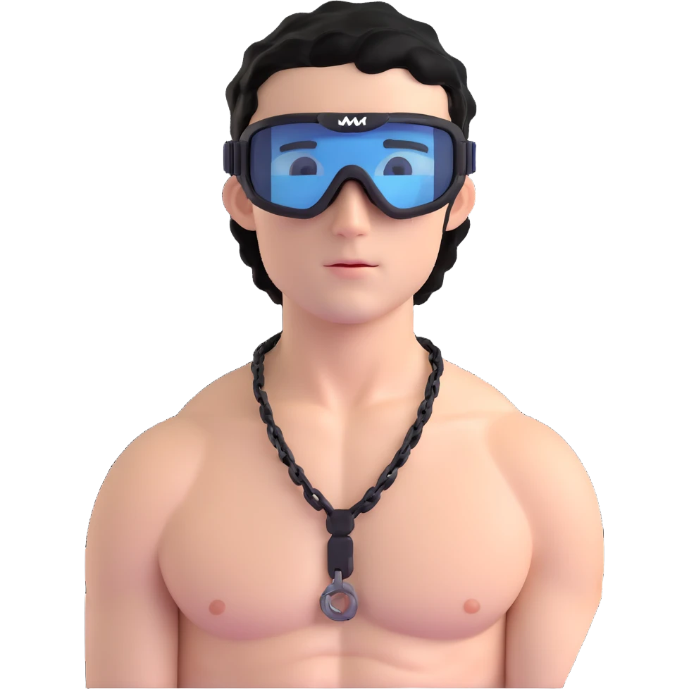 shirtless male athlete with white skin and moderately curly black hair on top with shaved sides, wearing black ski goggles with very dark heavily tinted black lenses that completely hide the eyes, and a simple plain black chain necklace, no earrings emoji