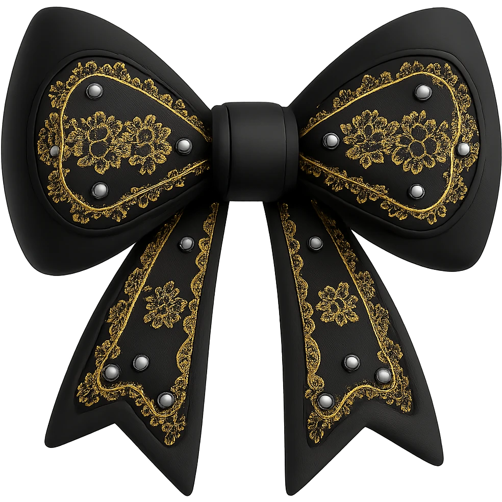 Add gothic lace and silver studs details to the purple 3D black bow, keep the background transparent. emoji