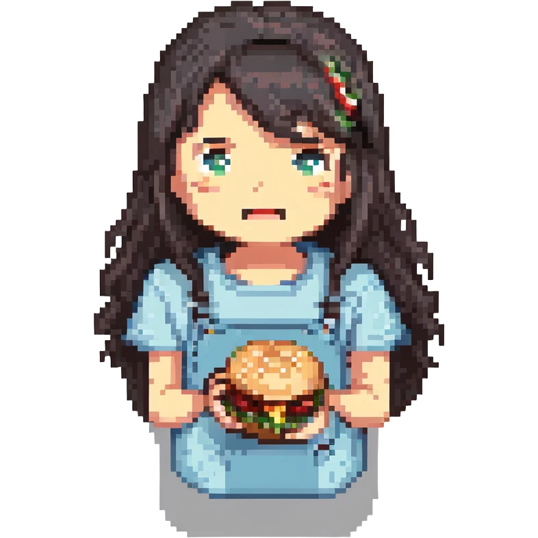 a girl with dark hair eating a burger, pixel art style emoji