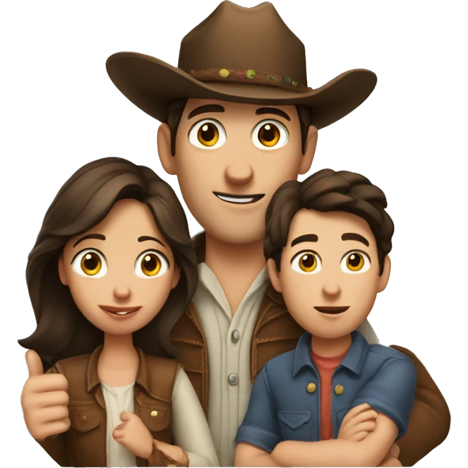 A family of 3, a cowboy dad, dark brown haired freckled mom and boy sucking his thumb emoji