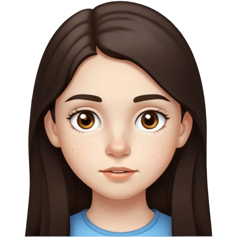 A 12-year-old girl with very long dark brown hair, light brown eyes, thick eyebrows, slightly big lips, with only two freckles - just one small freckle on her cheek and one small freckle under her eye emoji