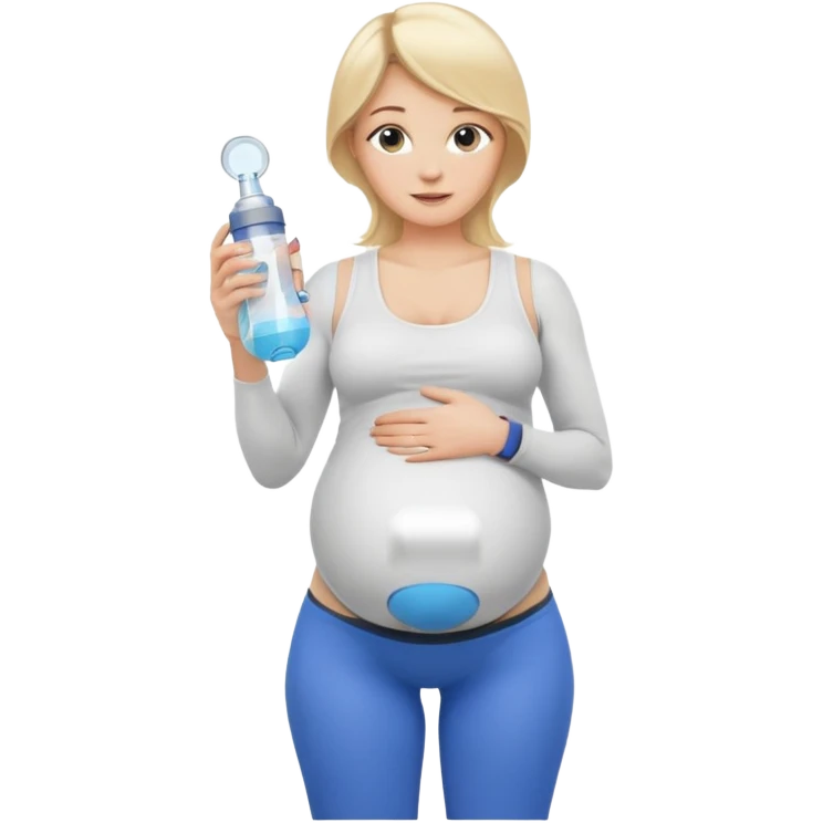 Woman blonde hair white tank top blue leggings pregnant belly holding a pump emoji