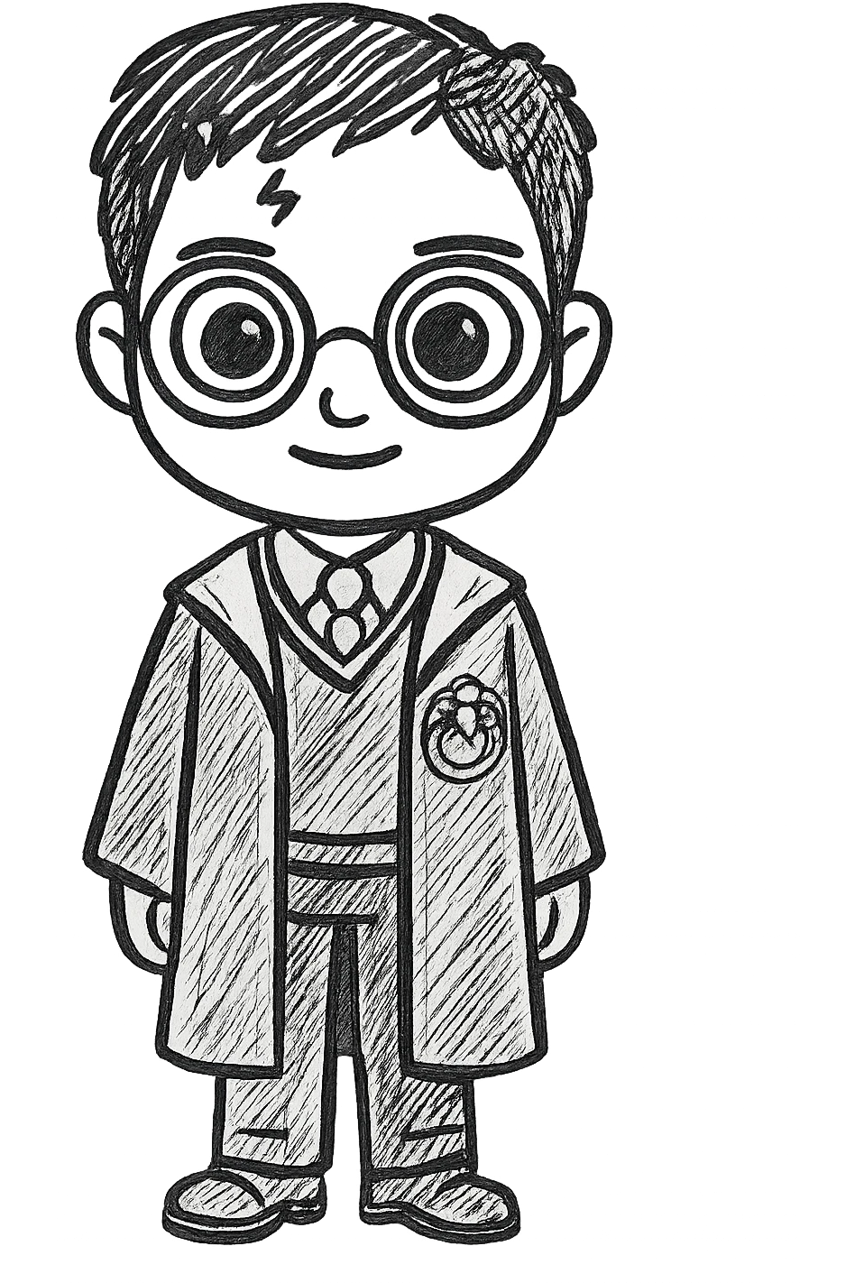 Create a full body standing Harry Potter wearing the traditional Gryffindor uniform, with round glasses, a scar on the forehead, and large eyes. The character should exactly match the height, proportion, pose, head size, torso, legs, arms, and style of the glasses-wearing character in the provided reference image. The result must be identical in proportion and style to the glasses character in the reference. emoji