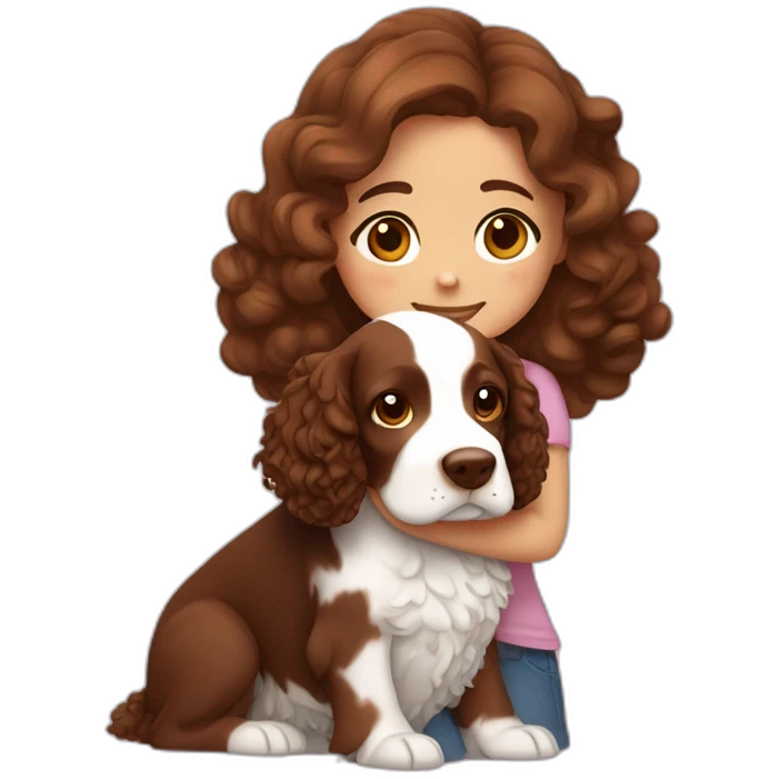Girl with brown curly hair is hugging brown English springer spaniel emoji