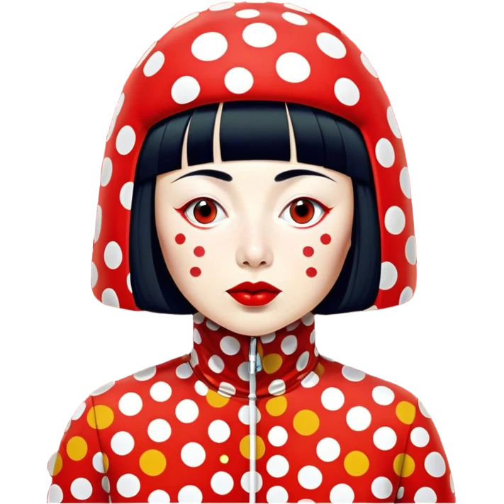 Yayoi Kusama – Cinematic Realistic Portrait of Yayoi Kusama, depicted as an avant-garde artist with an eccentric, captivating expression surrounded by her iconic polka dot patterns, rendered with vivid textures and imaginative lighting that evokes her unique, surreal creative world. emoji
