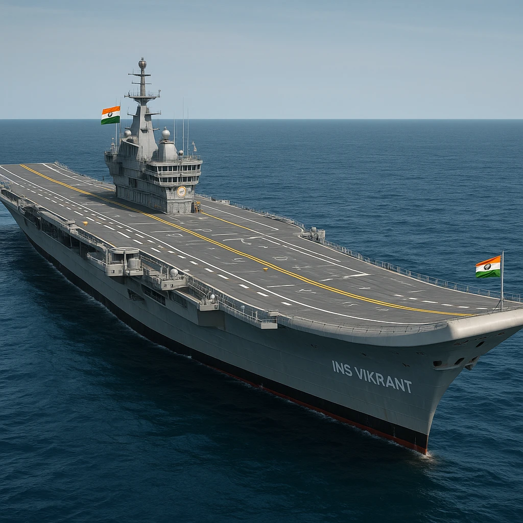INS Vikrant, Indian Navy aircraft carrier, side view, detailed, modern, ocean background emoji