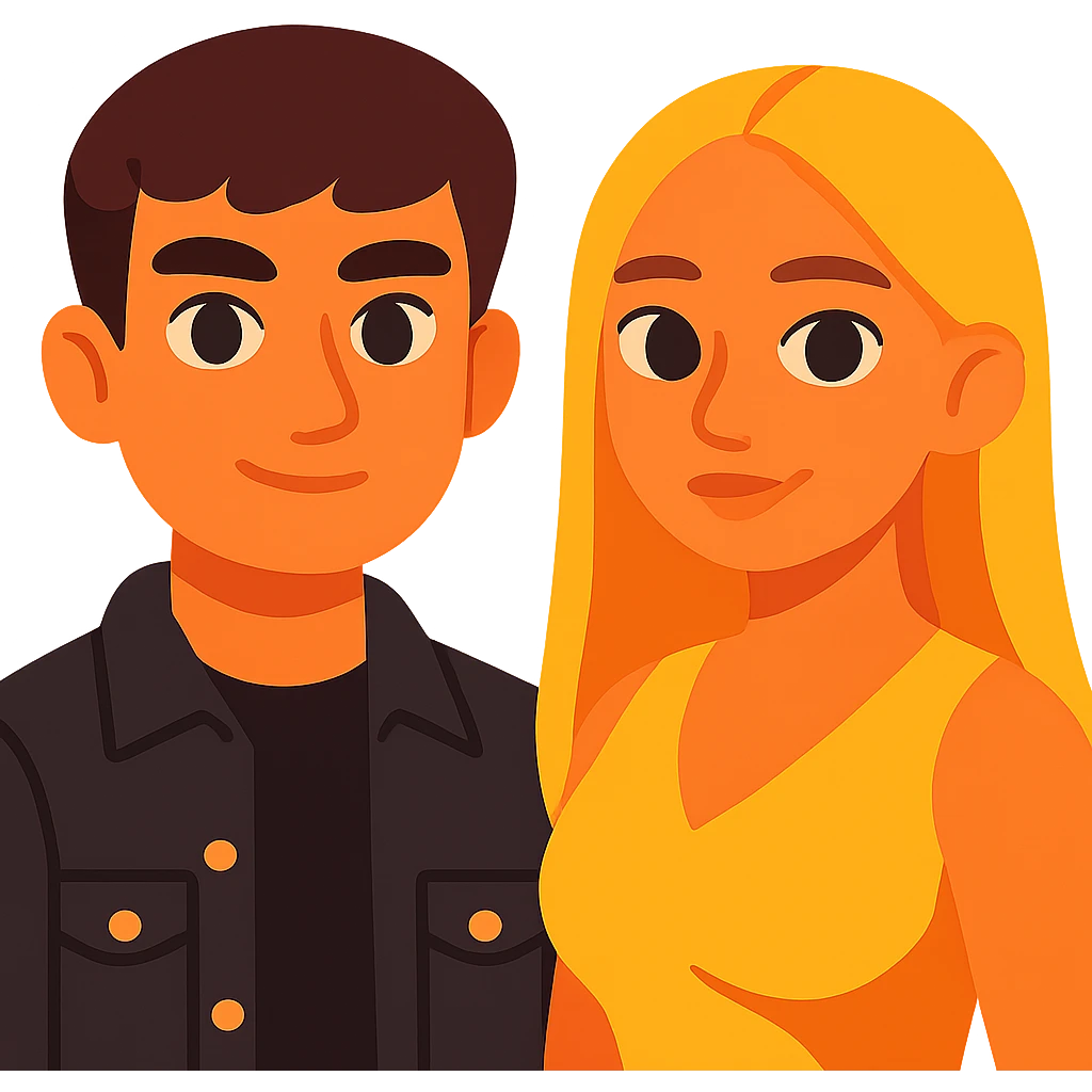 Slightly increase the volume of the upper body of the girl, separate the girl and the boy from each other, make the skin color the same for both. Keep the cartoon vibrant toon style. Transparent background. emoji