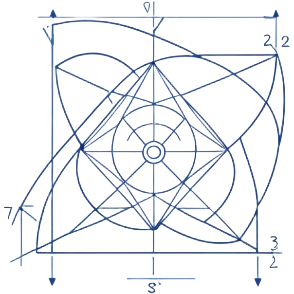A sheet of technical drawing with fine lines, dimensions and geometric shapes, without signatures, slightly tilted in space, a sense of precision and calculation. emoji