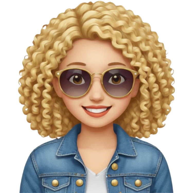 young fashionable woman, curly blonde hair, denim jacket, sunglasses, cheerful expression emoji