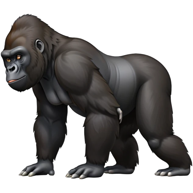 cinematic-gorilla-realistic-full-body-on all fours-emoji,-exuding-strength,-thick-dark-fur-glossy-in-the-light,-head-tilted-dramatically,-deep-dark-eyes-filled-with-intense-intelligence,-simplified-yet-realistic-focused-features,-highly-detailed,-glowing-with-an-almost-sarcastic-glow emoji
