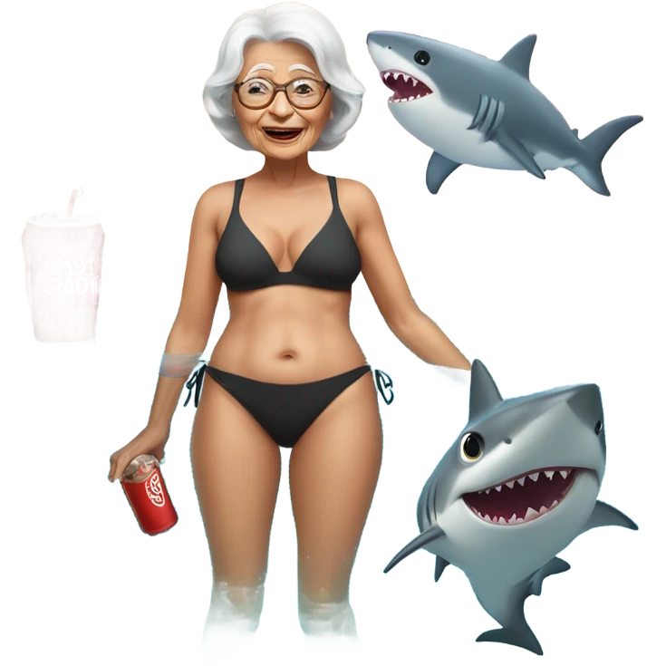 am old lady in a swimsuit with a baby shark in her hand that had a cola in his hand  emoji