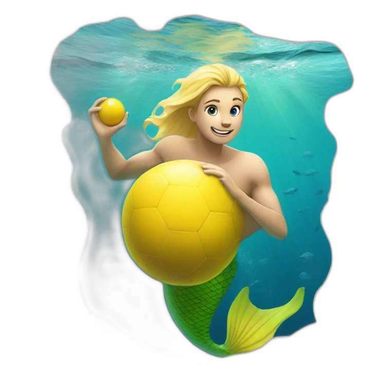 Underwater man blond mermaid swimming with fins, snorkel equipement, holding a small yellow ball, winning enthousiasm emoji