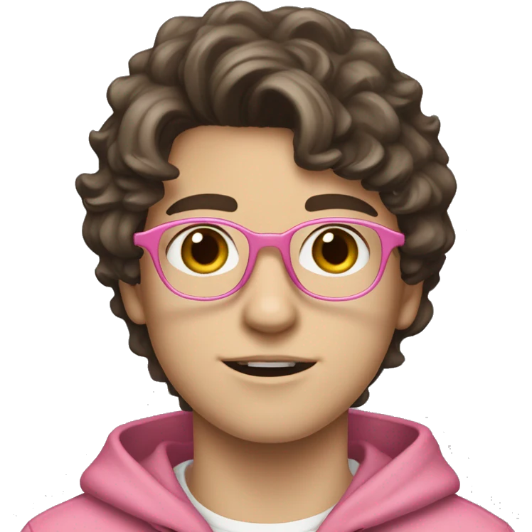 14 year old white boy with brown eyes and dark brown hair. Glasses and hair is wavy but short. Has fringe and it falls to one side of face a bit. Wearing pink hoodie. White skin 😭  emoji