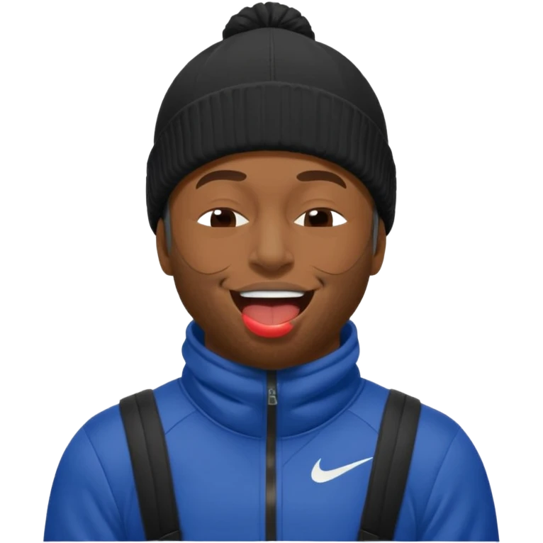 black guy with nike ski mask on squinching his face with his mouth closed trying to hold his laugh with his eyes closed emoji